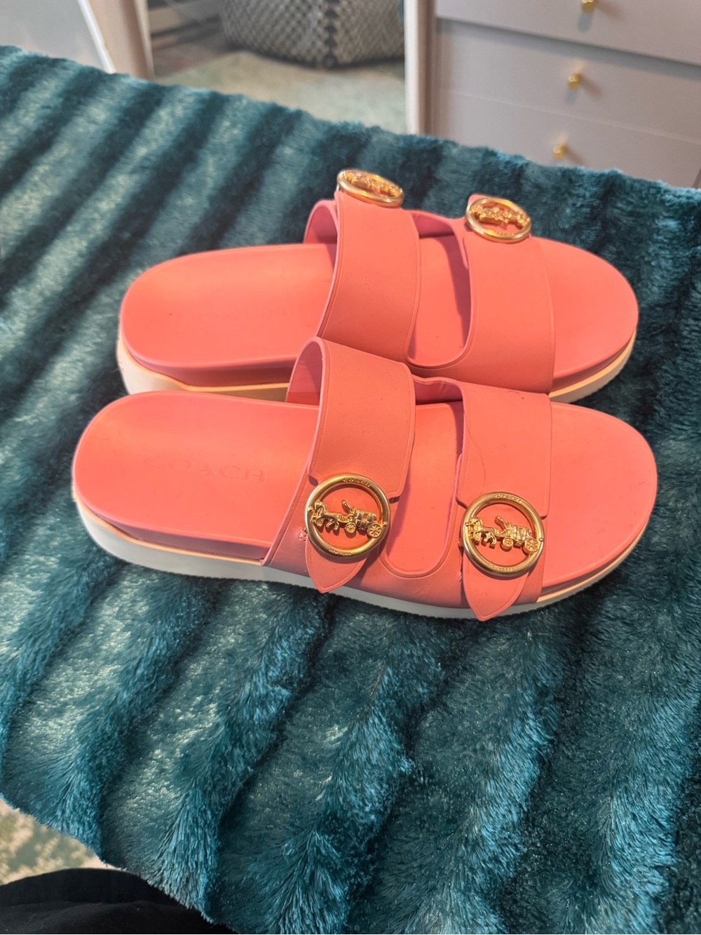 Coach Coral Pink Slide Sandals with Gold Hardware